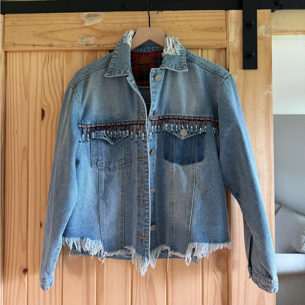 POL Bead Fringe Denim Jacket size small